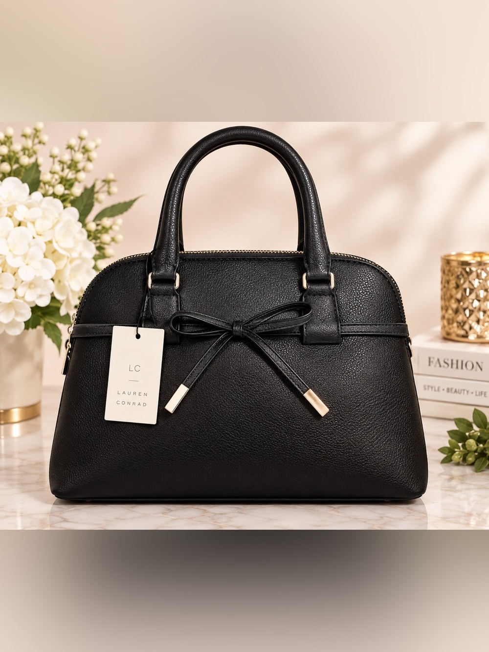 LC Lauren Conrad Black Pebbled Satchel with Bow and Gold Accents